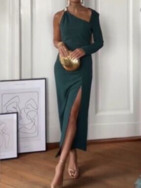 Zara Emerald One-Shoulder Ruched Midi Dress